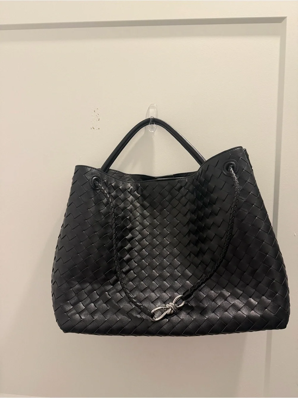 Woven Black Leather Tote Bag